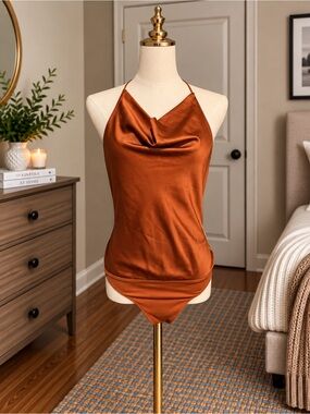 Abercrombie & Fitch Cowl Neck Bodysuit in Rich Rust